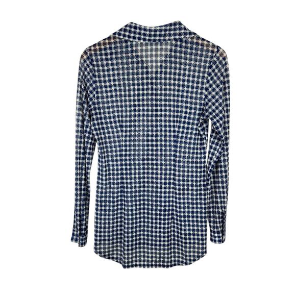 Cabi 736 Blue & Cream Geometric Print Sheer Mesh Long Sleeve Button Up Blouse - Picture 10 of 13